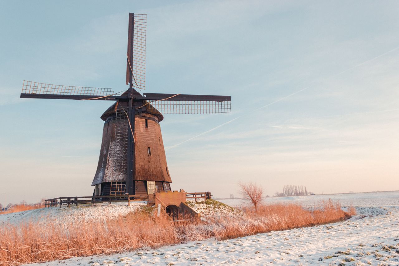 Traditional Dutch windmill in a snowy countryside setting during winter.